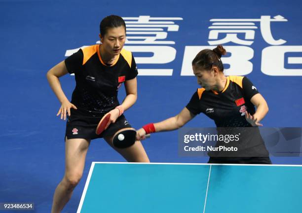 Ning DING of China and Shiwen LIU of China during 2018 International Table Tennis Federation World Cup match between Ning DING of China and Shiwen...