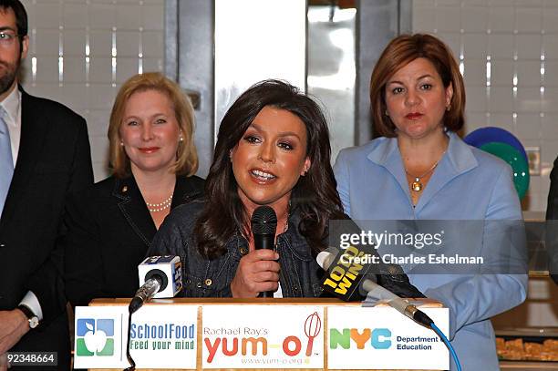 Sen. Kristen Gillibrand , TV personality, Rachael Ray and New York City Council Speaker, Christine Quinn promote the Yum-o! Lunch Program at P.S. 89...