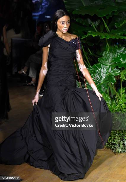 Winnie Harlow walks the runway at the Vionnet show during Milan Fashion Week Fall/Winter 2018/19 on February 23, 2018 in Milan, Italy.