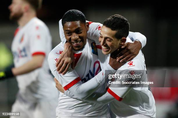 Shaquill Sno of Telstar celebrates 3-0 with Mohamed Hamdaoui of Telstar during the Dutch Jupiler League match between Telstar v FC Volendam at the...