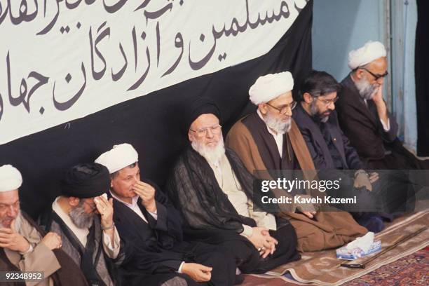 High-ranking Iranian clerics at a memorial service for Ayatollah Khomeini held during Friday Prayers in Tehran, 9th June 1989. From left to right,...