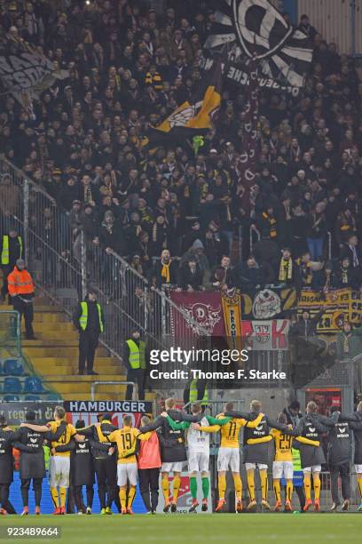The Dresden team celebrates with the supporters after winning the Second Bundesliga match between DSC Arminia Bielefeld and SG Dynamo Dresden at...