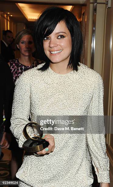 Lily Allen poses with the Best Track Award for The Fear at The Q Awards, at the Grosvenor House on October 26, 2009 in London, England.