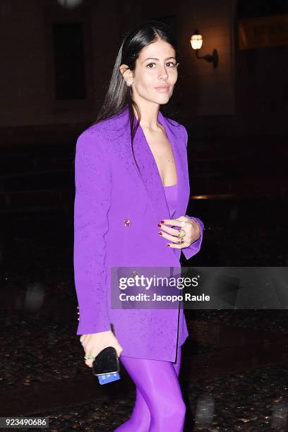 Gilda Ambrosio arrives at the Versace show during Milan Fashion Week Fall/Winter 2018/19 on February 23, 2018 in Milan, Italy.