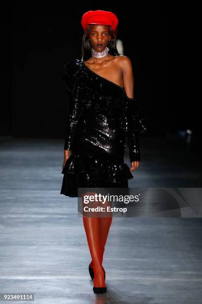 Model walks the runway at the Daizy Shely show during Milan Fashion Week Fall/Winter 2018/19 on February 22, 2018 in Milan, Italy.