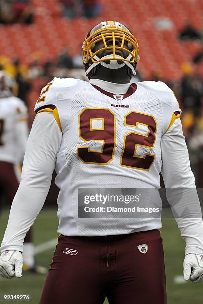 Defensive lineman Albert Haynesworth of the Washington Redskins looks up towards the sky prior to a game on October 18, 2009 against the Kansas City...