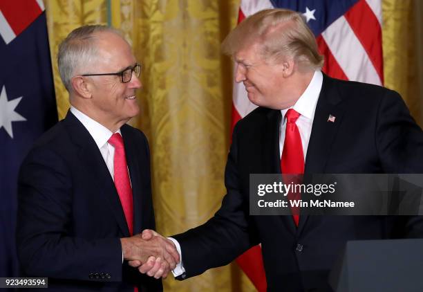 President Donald Trump shakes hands with Australian Prime Minister Malcolm Turnbull during a joint press conference at the White House February 23,...