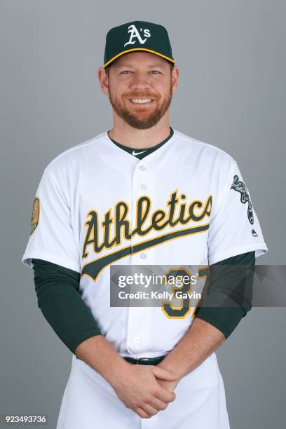 Brandon Moss of the Oakland Athletics poses during Photo Day on Thursday, February 22, 2018 at Hohokam Stadium in Phoenix, Arizona.