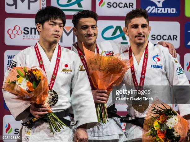 Under 60kg medallists L-R: Silver; Sharafuddin Lutfillaev , absent due to injury, Gold; Toru Shishime , Bronzes; Ashley Mckenzie and Cedric Revol...