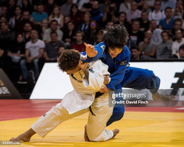 Seventeen years old, Uta Abe of Japan , here avoiding an attack, won the u52kg gold medal after her opponent, Amandine Buchard of France received a...
