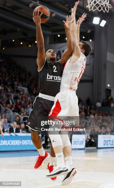 Ricky Hickman, #2 of Brose Bamberg competes with Ognjen Dobric, #13 of Crvena Zvezda mts Belgrade in action during the 2017/2018 Turkish Airlines...