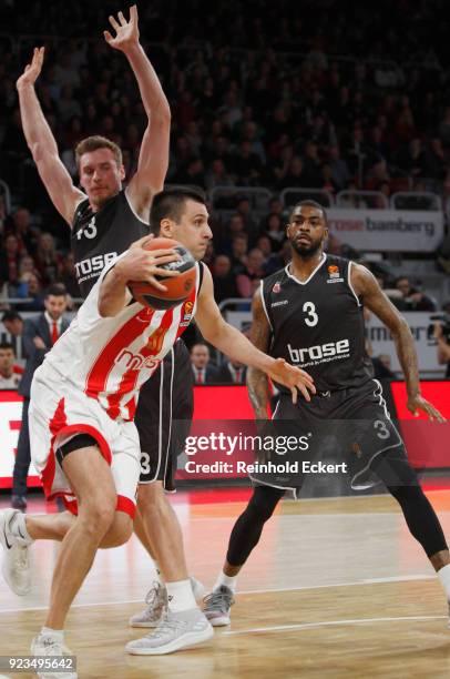 Milko Bjelica, #51 of Crvena Zvezda mts Belgrade competes with Leon Radosevic, #43 of Brose Bamberg in action during the 2017/2018 Turkish Airlines...