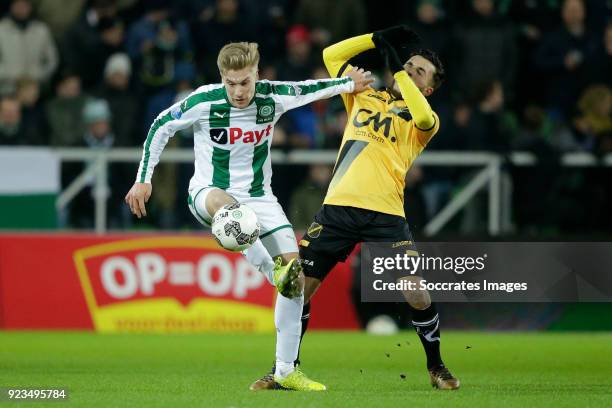 Tom van Weert of FC Groningen, Mounir El Allouchi of NAC Breda during the Dutch Eredivisie match between FC Groningen v NAC Breda at the NoordLease...