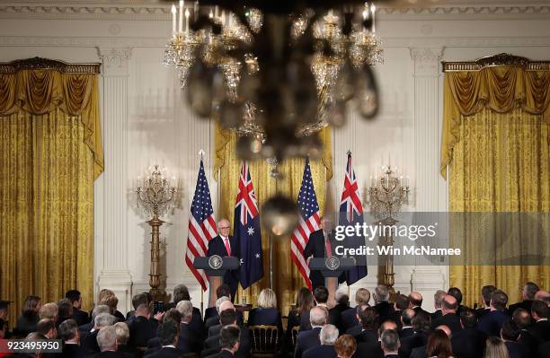 President Donald Trump and Australian Prime Minister Malcolm Turnbull answer questions during a joint press conference at the White House February...