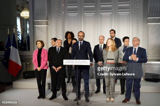French Prime Minister Edouard Philippe flanked by members of the government, French Defence Minister Florence Parly, French Interior Minister Gerard...
