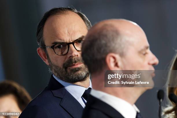 French Prime Minister Edouard Philippe and Education Minister Jean-Michel Blanquer attend for the presentation of the national plan for the...