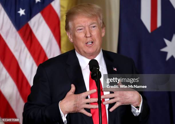 President Donald Trump answers a question during a press conference with Australian Prime Minister Malcolm Turnbull at the White House February 23,...