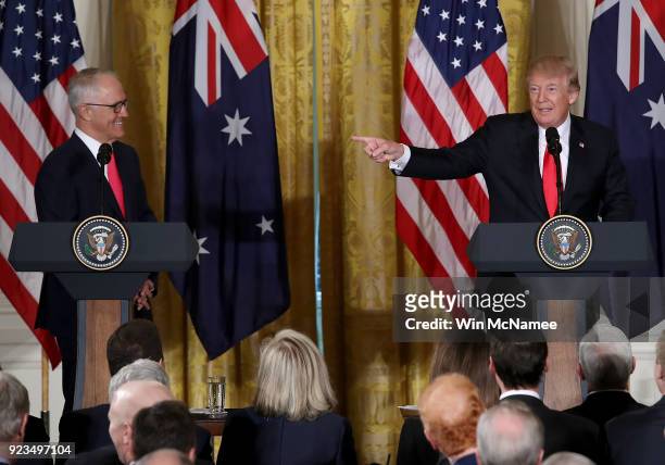 President Donald Trump and Australian Prime Minister Malcolm Turnbull answer questions during a joint press conference at the White House February...