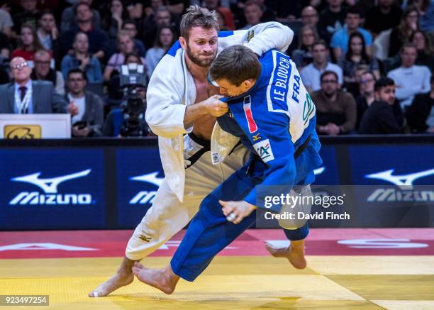 Sebastian Seidl of Germany defeated Kilian Le Blouch of France in extra time by a wazari to win the u66kg bronze medal during the 2018 Paris Grand...