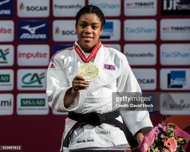 Nekoda Smythe-Davis of Great Britain proudly shows her u57kg bronze medal during the 2018 Paris Grand Slam at the Accorhotels Arena on February 10,...
