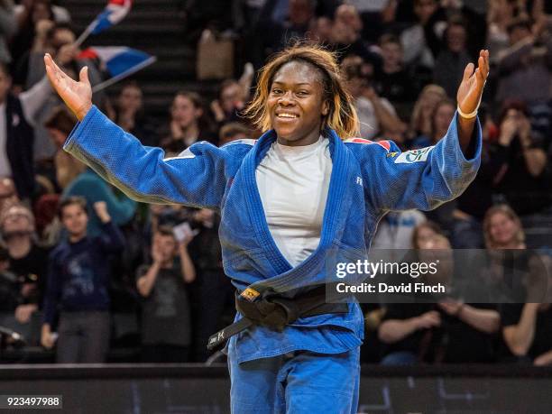 Clarisse Agbegnenou of France celebrates throwing Miku Tashiro of Japan for an ippon to win the u63kg gold medal during the 2018 Paris Grand Slam at...