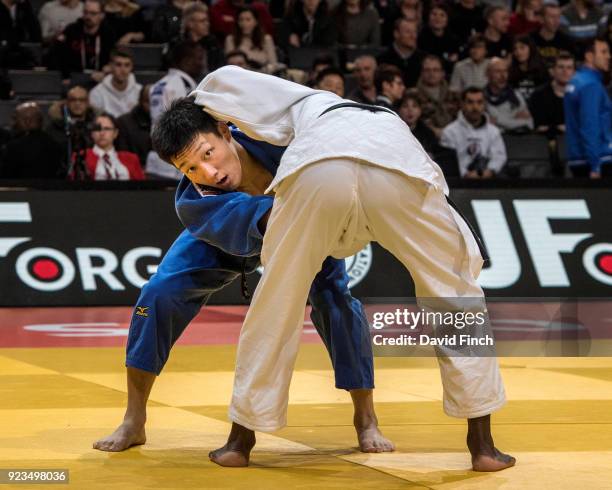 Sotaro Fujiwara of Japan won his first round contest against Christ Gengoul of France by a wazari on his way to the u81kg gold medal during the 2018...