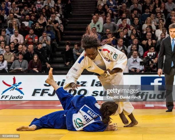 Sama Hawa Camara of France sweeps the feet from under Anna Maria Wagner of Germany without a score eventually winning by a wazari in extra time to...