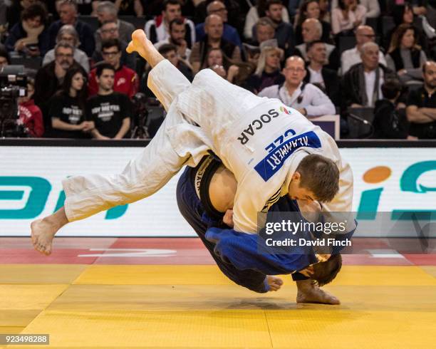 Eduard Trippel of Germany throws David Klammert of the Czech Republic for a wazari to win their u90kg elimination contest as Trippel progressed to...