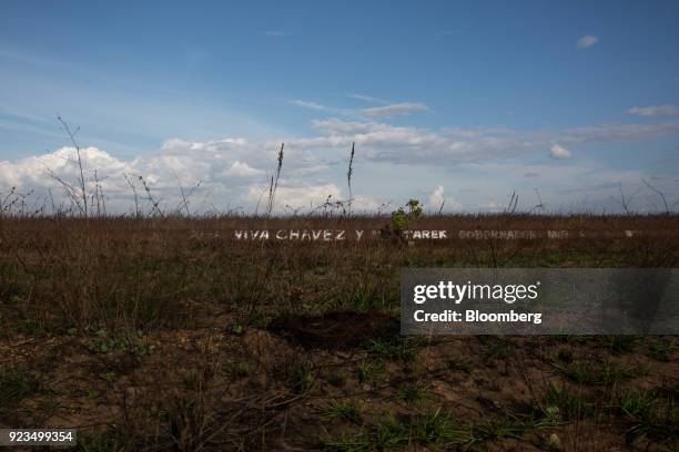 Graffitti that reads "Viva Chavez" is seen on an oil pipeline in a field in El Tigre, Anzoategui State, Venezuela, on Tuesday, Feb. 3, 2018. Hunger...