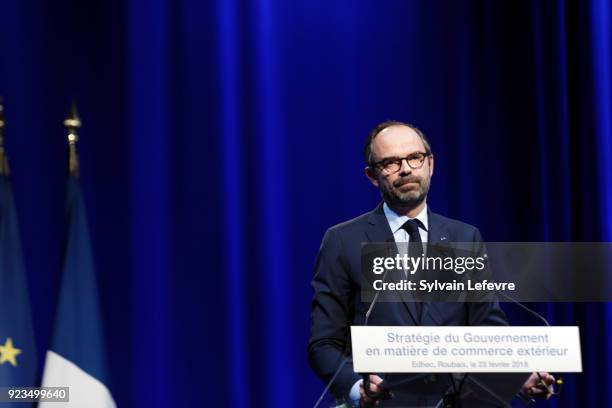 French Prime Minister Edouard Philippe delivers a speech during "Team France Export" at EDHEC Business School on February 23, 2018 in Croix, near...