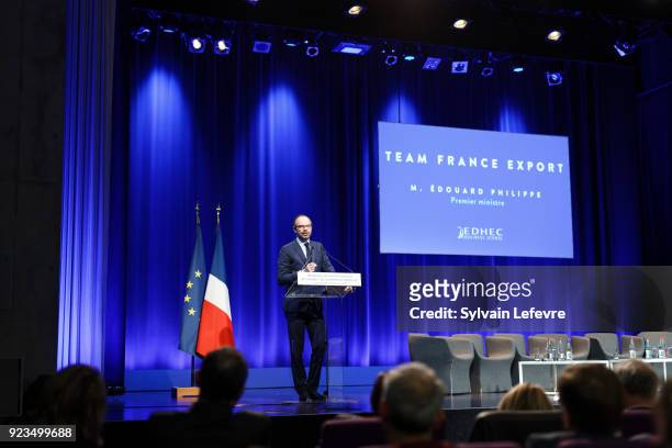 French Prime Minister Edouard Philippe delivers a speech during "Team France Export" at EDHEC Business School on February 23, 2018 in Croix, near...