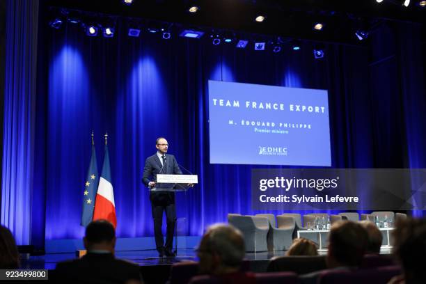 French Prime Minister Edouard Philippe delivers a speech during "Team France Export" at EDHEC Business School on February 23, 2018 in Croix, near...