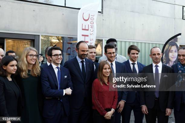 French Prime Minister Edouard Philippe poses with EDHEC Business School students after delivering a speech during "Team France Export" at EDHEC...