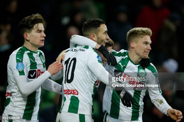 Tommie van de Looi of FC Groningen, Mimoun Mahi of FC Groningen, Ajdin Hrustic of FC Groningen, Tom van Weert of FC Groningen celebrates 1-0 during...