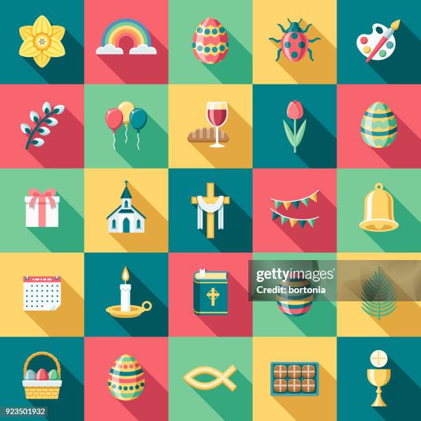 flat design easter icon set with side shadow - easter sunday vector stock illustrations