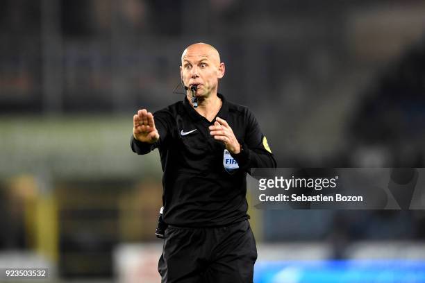 Referre Amaury Delerue during the Ligue 1 match between Strasbourg and Montpellier at on February 23, 2018 in Strasbourg, .