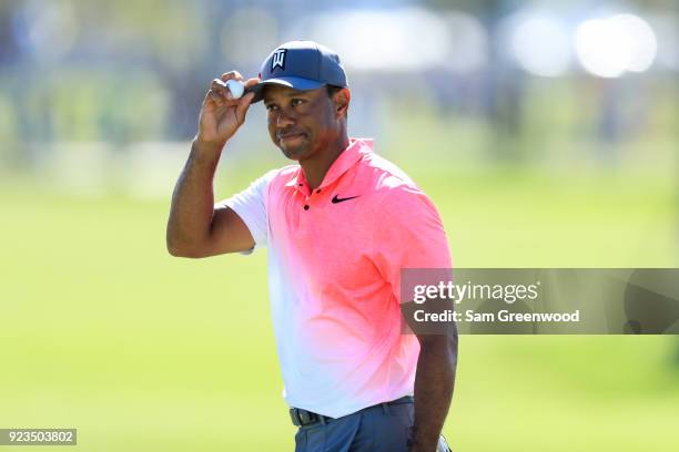 Tiger Woods acknowledges the crowd on the ninth hole during the second round of the Honda Classic at PGA National Resort and Spa on February 23, 2018...