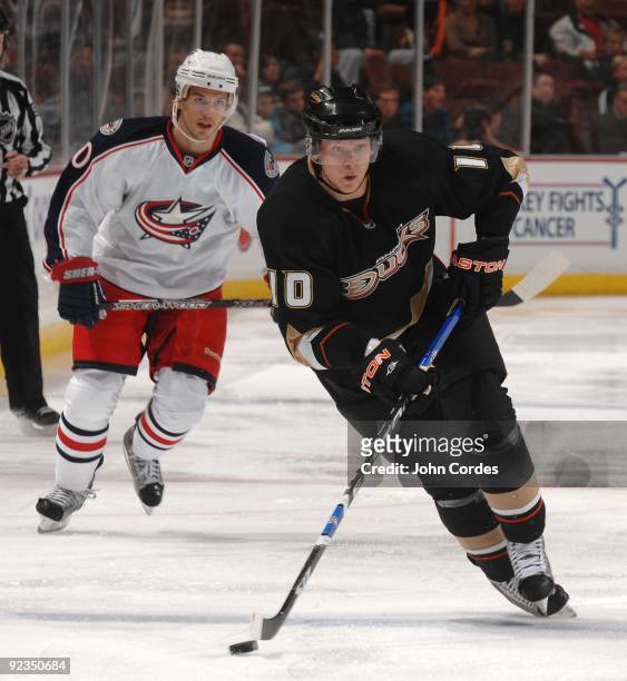 Corey Perry of the Anaheim Ducks skates during a game against the Columbus Blue Jackets on October 24, 2009 at Honda Center in Anaheim, California.