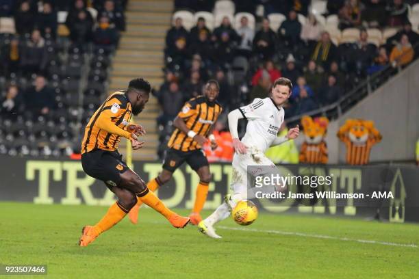 Nouha Dicko of Hull City scores a goal to make it 1-0 during the Sky Bet Championship match between Hull City and Sheffield United at KCOM Stadium on...