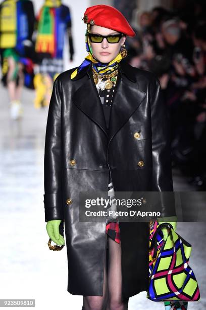 Catherine McNeil walks the runway at the Versace show during Milan Fashion Week Fall/Winter 2018/19 on February 23, 2018 in Milan, Italy.