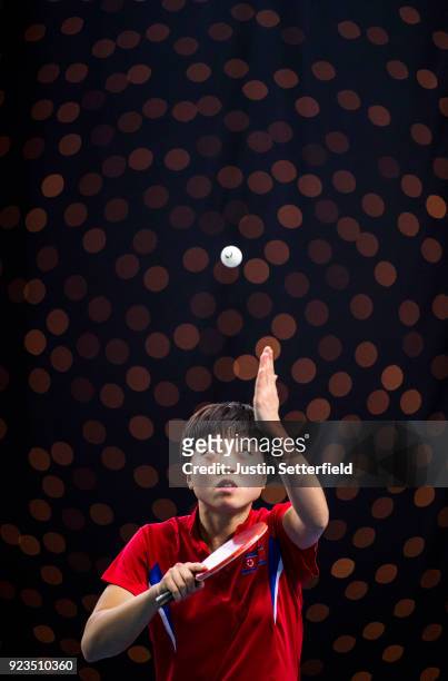 Song I Kim of People's Republic of Korea serves during the ITTF Team World Cup Table Tennis at Copper Box Arena on February 23, 2018 in London,...