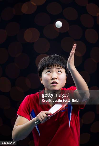 Song I Kim of People's Republic of Korea serves during the ITTF Team World Cup Table Tennis at Copper Box Arena on February 23, 2018 in London,...