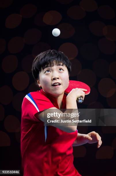 Song I Kim of People's Republic of Korea serves during the ITTF Team World Cup Table Tennis at Copper Box Arena on February 23, 2018 in London,...