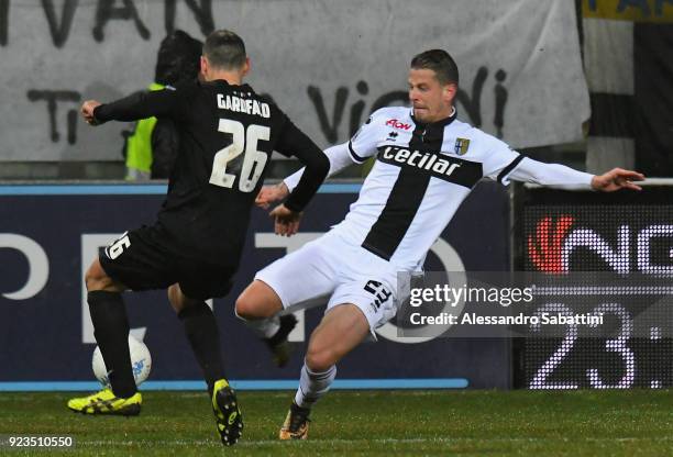 Marcello Gazzola of Parma Calcio competes for the ball whit Agostino Garofalo of Venezia FCduring the serie B match between Parma Calcio and Venezia...