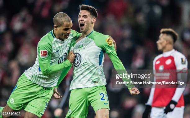 Josip Brekalo of Wolfsburg celebrates a goal during the Bundesliga match between 1. FSV Mainz 05 and VfL Wolfsburg at Opel Arena on February 23, 2018...