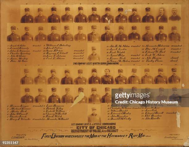 Group of portraits showing the members of the Chicago Police's First Division, who charged teh mob at the Haymarket Riot, Chicago, IL, 1886.