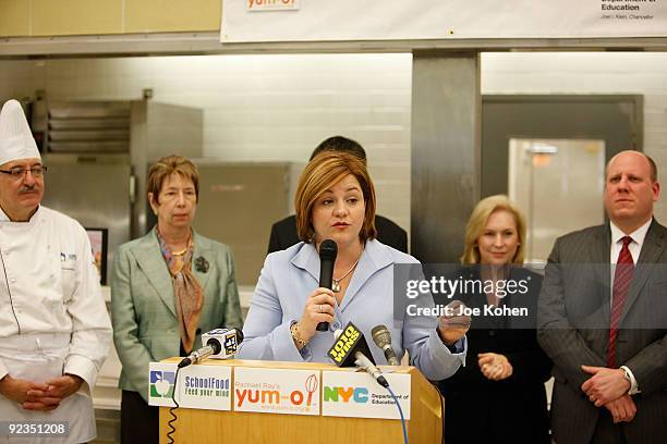 Speaker of the New York City Council Christine Quinn promotes the Yum-o! Lunch Program at P.S. 89 / I.S. 289 on October 26, 2009 in New York City.