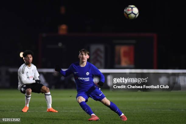Billy Gilmour of Chelsea during the Fulham and Chelsea U18 Premier League match at Motspur Park on February 23, 2018 in New Malden, England.