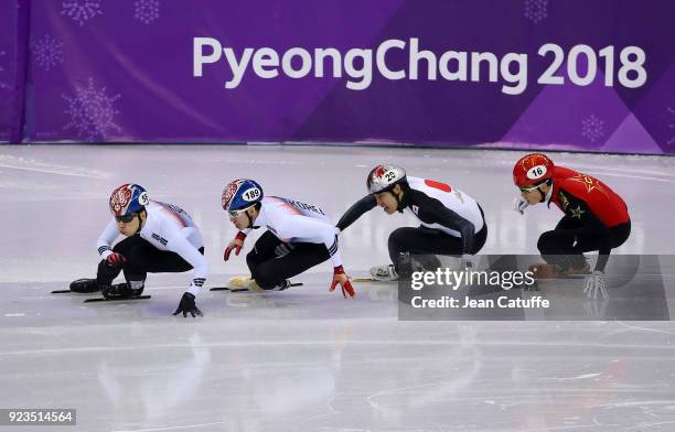 Daeheon Hwang of South Korea , Hyojun Lim of South Korea , Ryosuke Sakazume of Japan and Ziwei Ren of China during the Short Track Speed Skating...