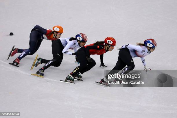 Suzanne Schulting of the Netherlands , Sukhee Shim of South Korea , Chunyu Qu of China and Minjeong Choi of South Korea during the Short Track Speed...